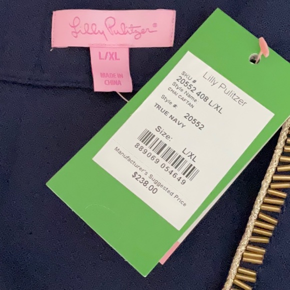 NWT LILLY PULITZER Chai Caftan dress L/XL navy gold tunic beads embroidery - Picture 5 of 6